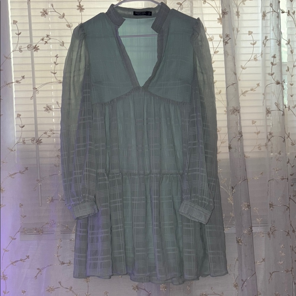 Nasty Gal Sheer Plaid Long Sleeve Dress - Green